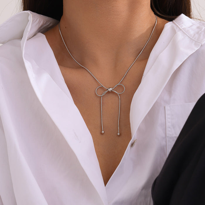 Stainless Steel Bow Necklace-One Size-Fancey Boutique