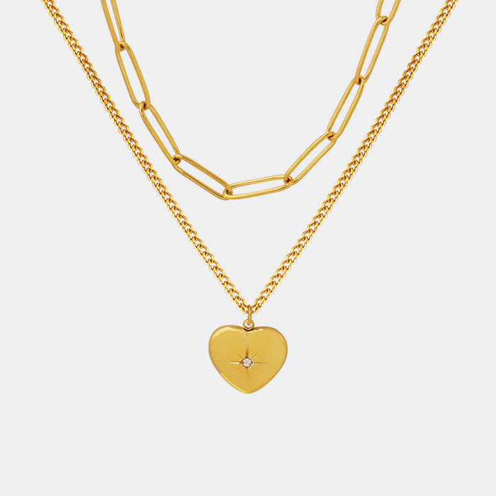 Inlaid Zircon Double Layered Heart Pendant Necklace-Fancey Boutique