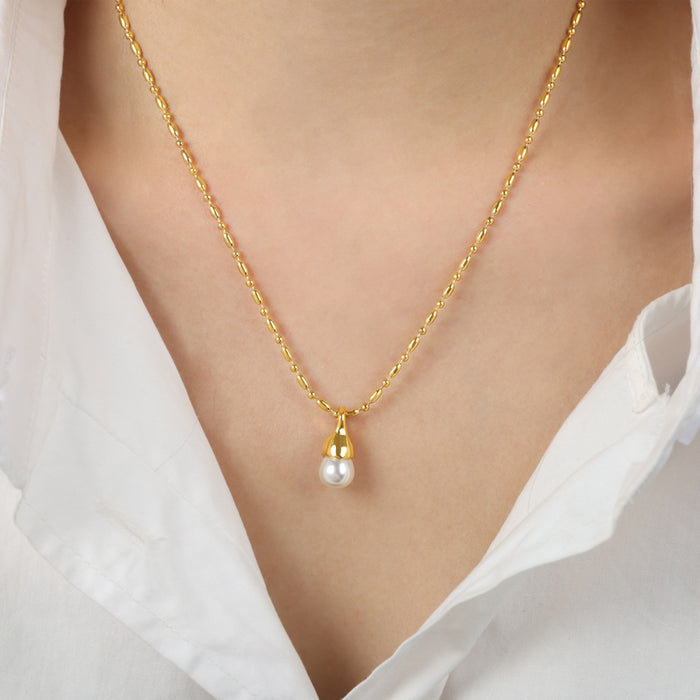 Titanium Steel Pearl Pendant Necklace-One Size-Fancey Boutique