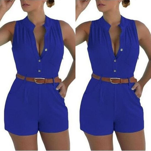 Color-Royal Blue-Sexy Women Wear Loose Slim Fit Casual Jumpsuit Shorts With Belt-Fancey Boutique