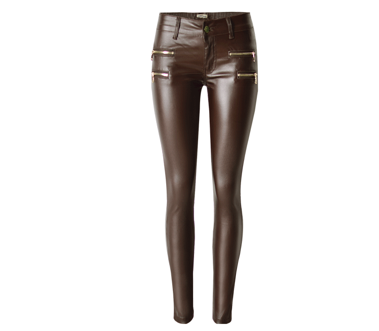 Women Clothing Brown Low Waist Stretch Feet Pants Double Zipper Faux Leather Coating Faux Leather Pants