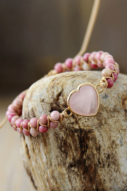Rose Quartz Heart Beaded Bracelet-One Size-Fancey Boutique