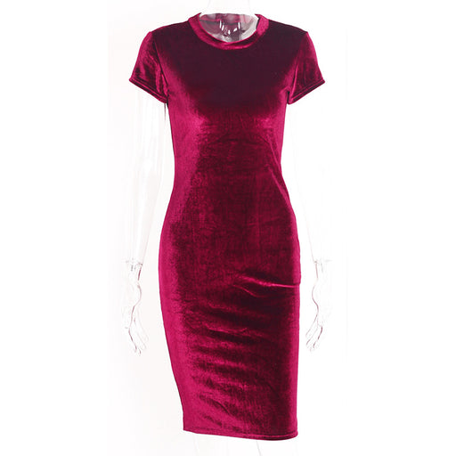 Color-Burgundy-Shot Popular Velvet Slim Fit Short Sleeve Knee Length Sheath Dress-Fancey Boutique
