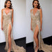 Color-Gold-Sexy Women Clothing V neck Backless Slit Sling Gold Sequ Dress Maxi Dress Summer-Fancey Boutique