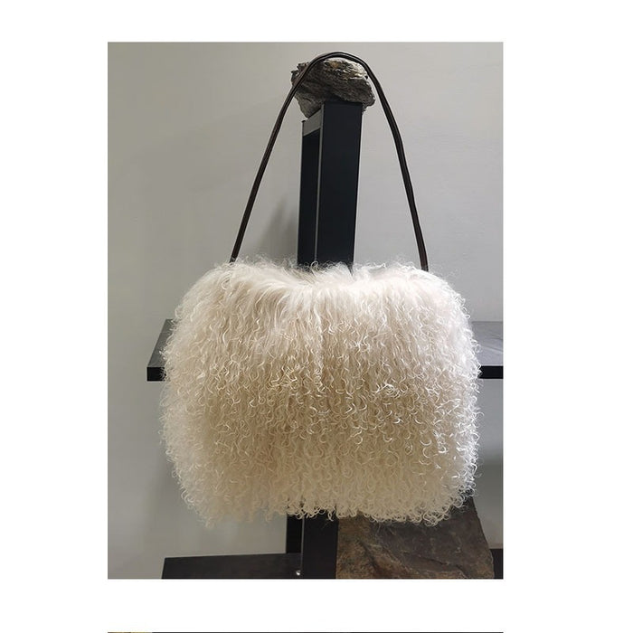 Genuine leather women's bag beach wool fur bag, one shoulder portable tassel sheepskin fur bag-Fancey Boutique