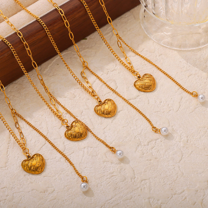Titanium Steel Imitation Pearl Heart Pendant Necklace-One Size-Fancey Boutique