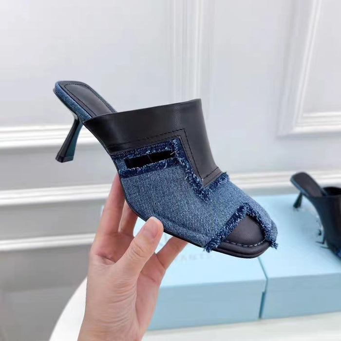 Brand Ladies High Heel Slippers Square Toe Formal Dress Shoes Leahter Patchwork Denim Sandals Summer Party Shoes Women-35-Fancey Boutique