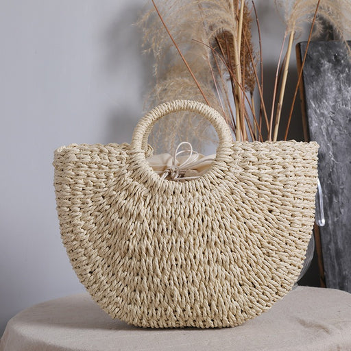 Women handmade round woven straw beach tote bags summer rattan handbag ladies weave straw bag-Fancey Boutique