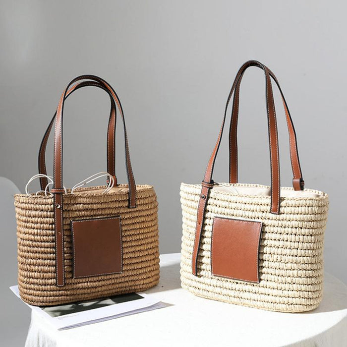 Bohemian Straw Splice PU Leather Women Shoulder Bag Natural Handmade Rattan Handbags Women's Bag Large Capacity Beach Straw Tote-Fancey Boutique