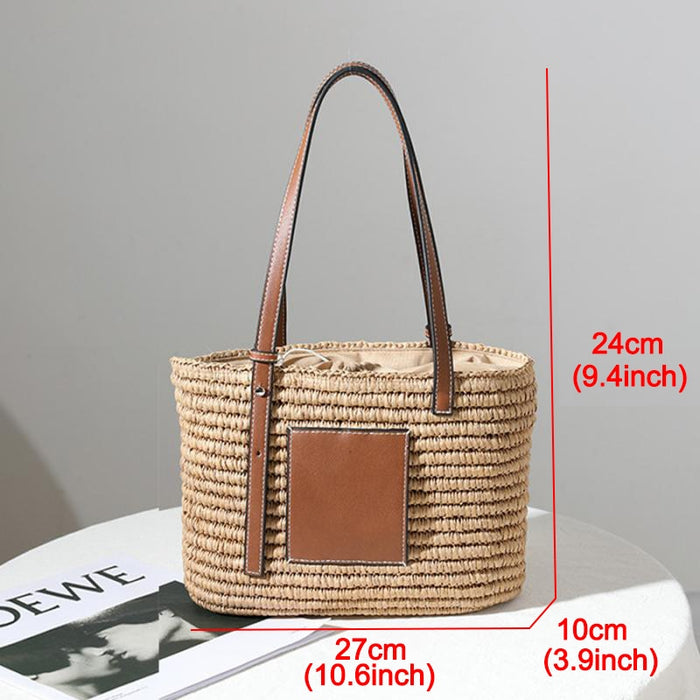 Bohemian Straw Splice PU Leather Women Shoulder Bag Natural Handmade Rattan Handbags Women's Bag Large Capacity Beach Straw Tote-Fancey Boutique