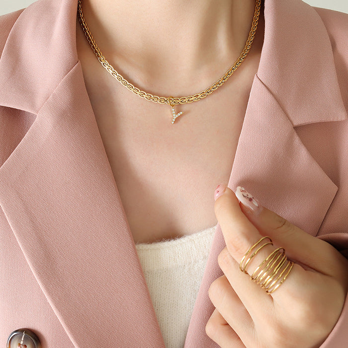 Brass Inlaid Zircon Letter Pendant Necklace-One Size-Fancey Boutique