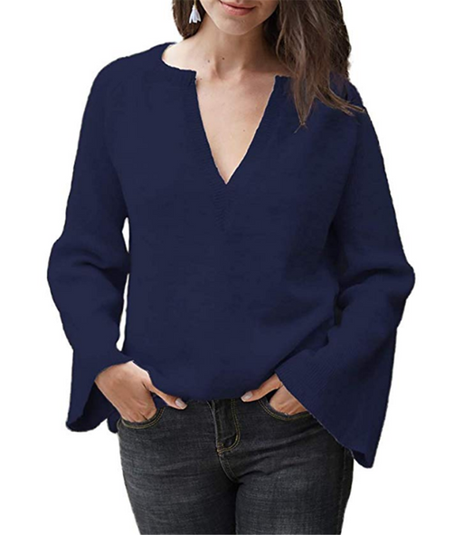 Color-Navy Blue-Autumn Solid Color Pullover Sweater Women Office V-neck Plus Size Loose Sweater-Fancey Boutique