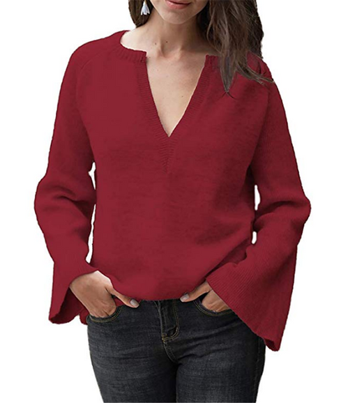Color-Burgundy-Autumn Solid Color Pullover Sweater Women Office V-neck Plus Size Loose Sweater-Fancey Boutique