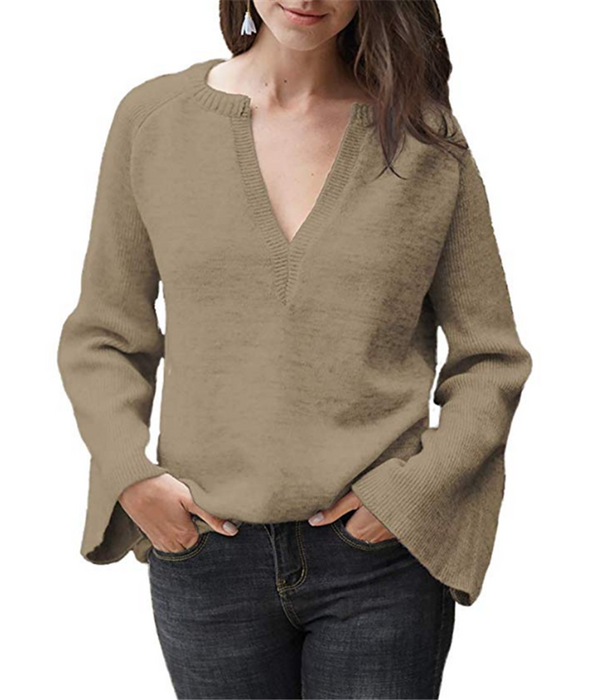 Color-Khaki-Autumn Solid Color Pullover Sweater Women Office V-neck Plus Size Loose Sweater-Fancey Boutique