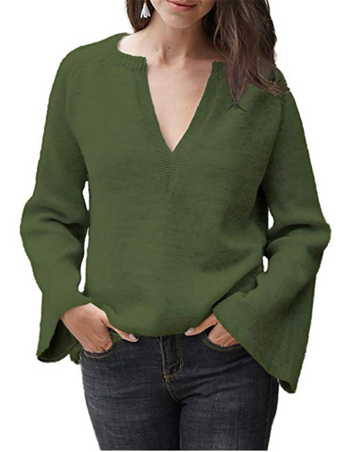 Color-Army Green-Autumn Solid Color Pullover Sweater Women Office V-neck Plus Size Loose Sweater-Fancey Boutique