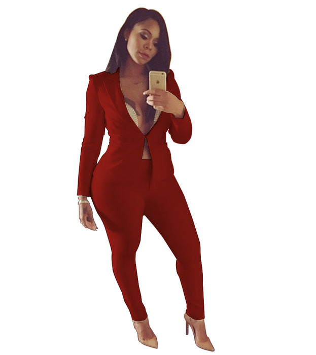 Color-Burgundy-Spring Summer Women Long Sleeve Casual Suit Solid Color Plus Size Work Pant Two-Piece Set-Fancey Boutique