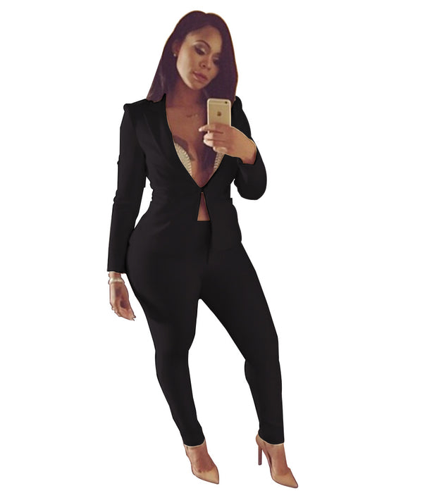 Color-Black-Spring Summer Women Long Sleeve Casual Suit Solid Color Plus Size Work Pant Two-Piece Set-Fancey Boutique