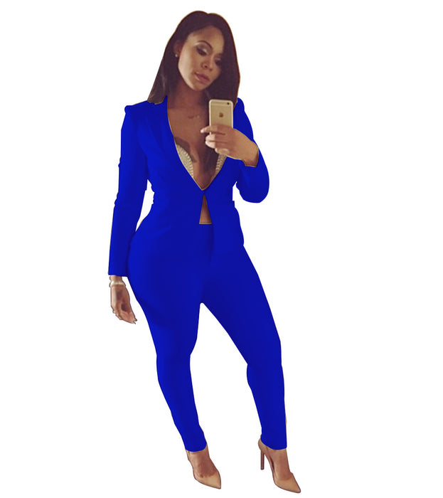 Color-royal blue-Spring Summer Women Long Sleeve Casual Suit Solid Color Plus Size Work Pant Two-Piece Set-Fancey Boutique