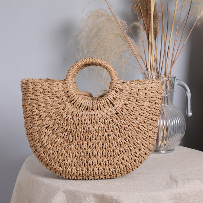 Women handmade round woven straw beach tote bags summer rattan handbag ladies weave straw bag-Fancey Boutique