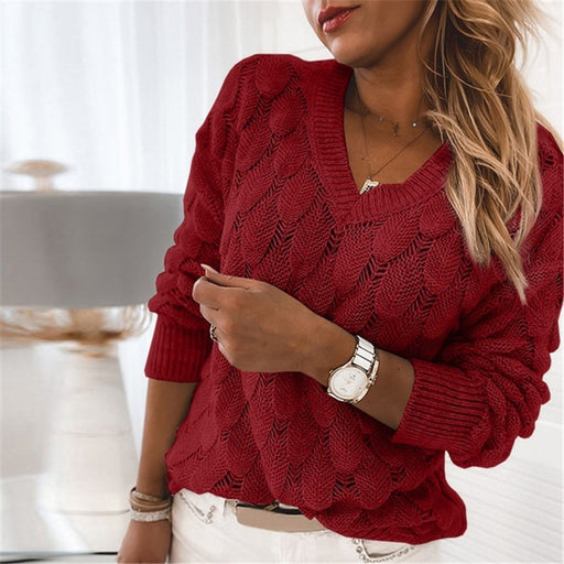 Color-Red-Autumn Winter Sweater Knitted Feather Hollow Out Cutout out V-neck Long Sleeve Sweater for Women-Fancey Boutique