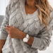 Color-Gray-Autumn Winter Sweater Knitted Feather Hollow Out Cutout out V-neck Long Sleeve Sweater for Women-Fancey Boutique