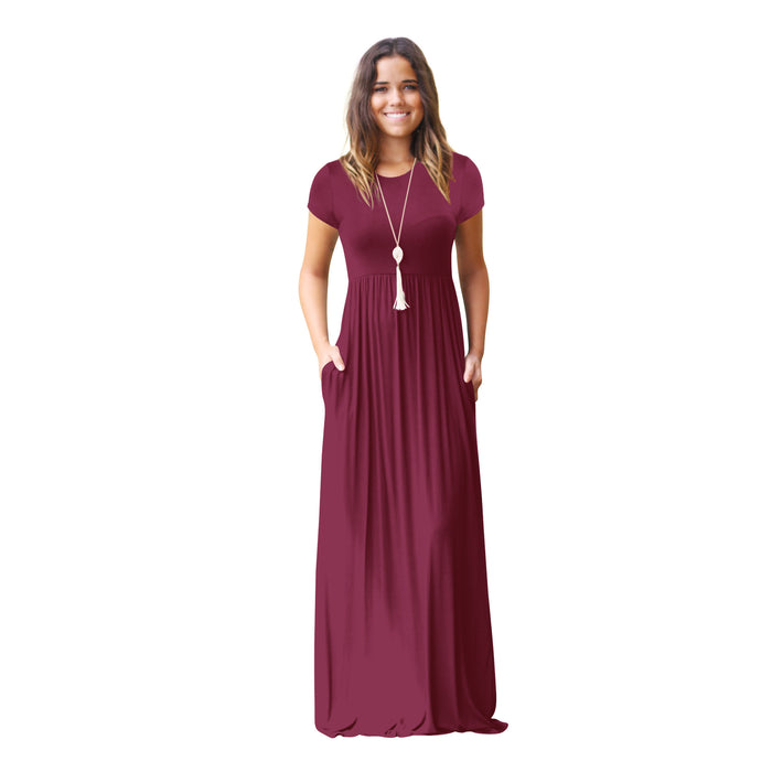 Color-Burgundy-Women Clothing Popular Short Sleeve Crew Neck Casual Pocket High Quality Dress Maxi Dress-Fancey Boutique