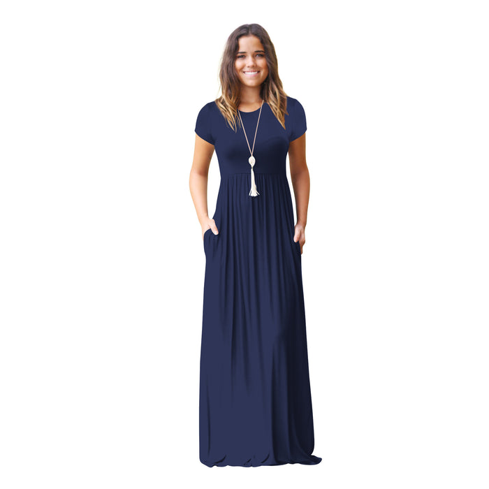 Color-Navy Blue-Women Clothing Popular Short Sleeve Crew Neck Casual Pocket High Quality Dress Maxi Dress-Fancey Boutique