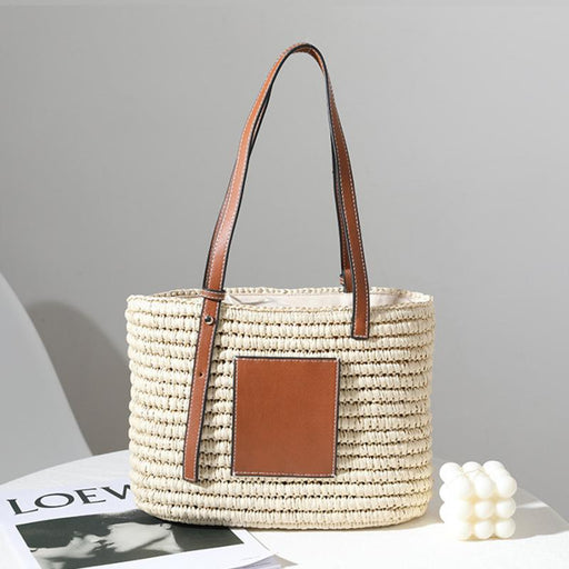 Bohemian Straw Splice PU Leather Women Shoulder Bag Natural Handmade Rattan Handbags Women's Bag Large Capacity Beach Straw Tote-Fancey Boutique