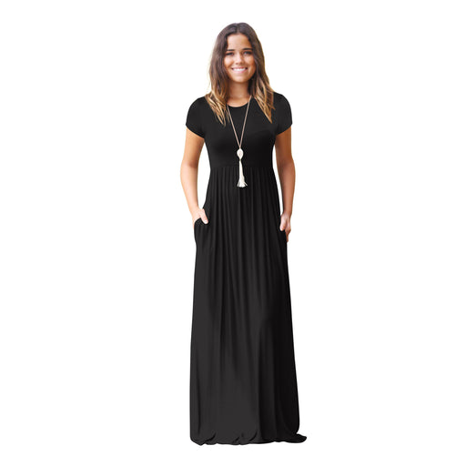 Color-Black-Women Clothing Popular Short Sleeve Crew Neck Casual Pocket High Quality Dress Maxi Dress-Fancey Boutique