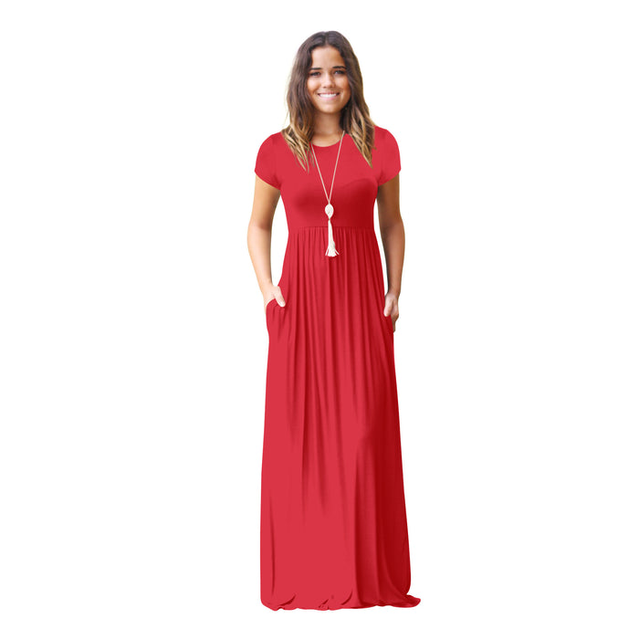Color-Red-Women Clothing Popular Short Sleeve Crew Neck Casual Pocket High Quality Dress Maxi Dress-Fancey Boutique