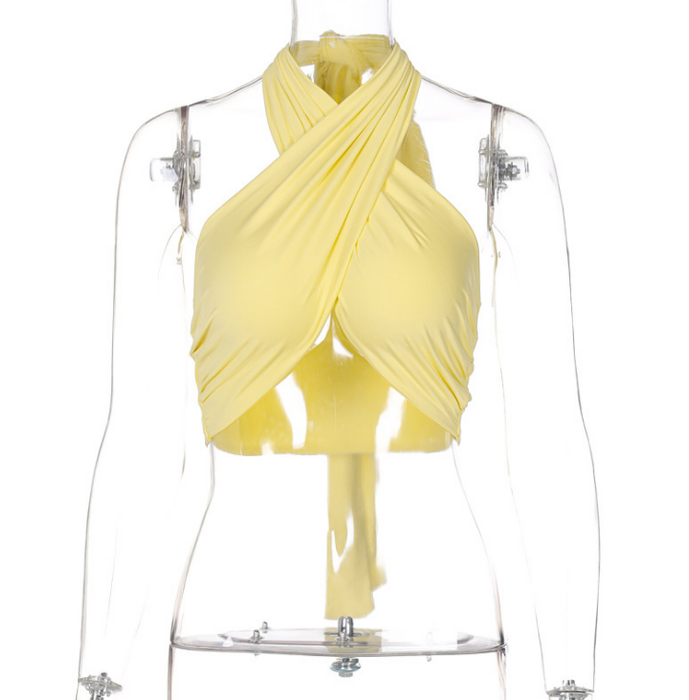 Color-Yellow-Criss Cross Women Clothing Nightclub Sexy cropped Halter Bottoming Tube Women Vest-Fancey Boutique