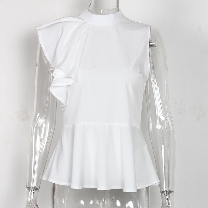 Color-White-Women Clothing Sleeveless Ruffled Casual Chiffon Shirt Women Top-Fancey Boutique