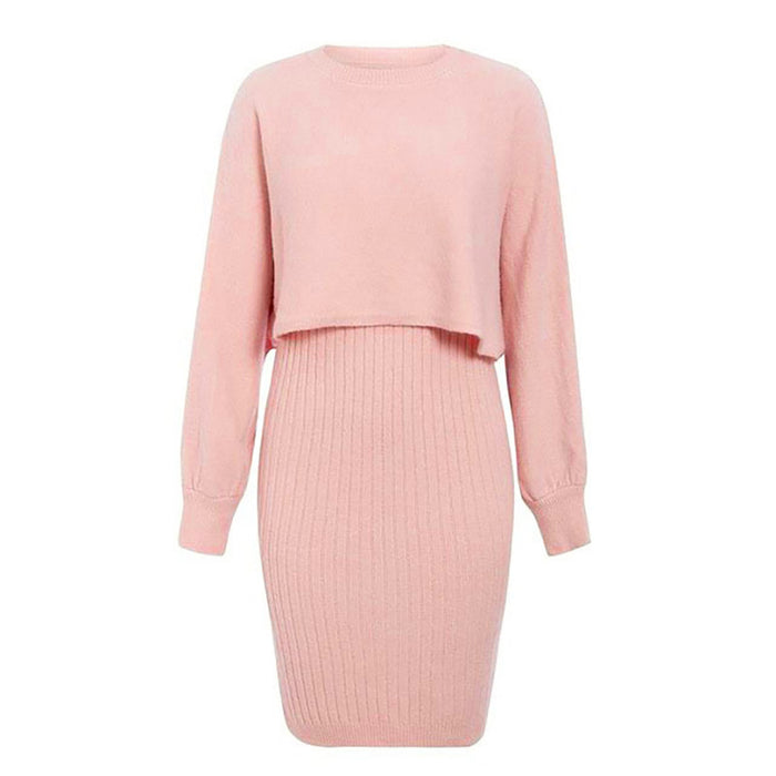 Color-Pink-Knitted Dress Two Piece Set Autumn Winter Solid Color Pullover Sweater Women-Fancey Boutique