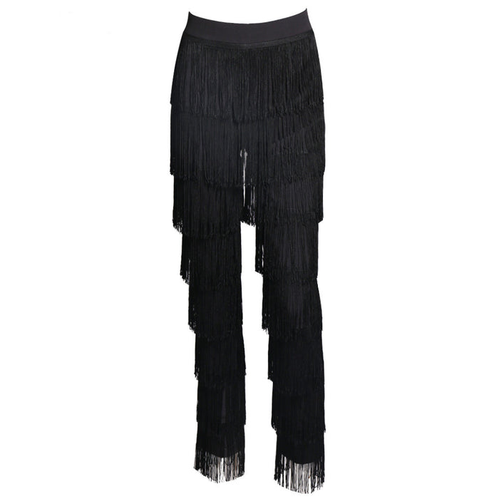 Color-Black-Women Clothing Hip Sexy Slim Tassel Straight Leg Trousers-Fancey Boutique