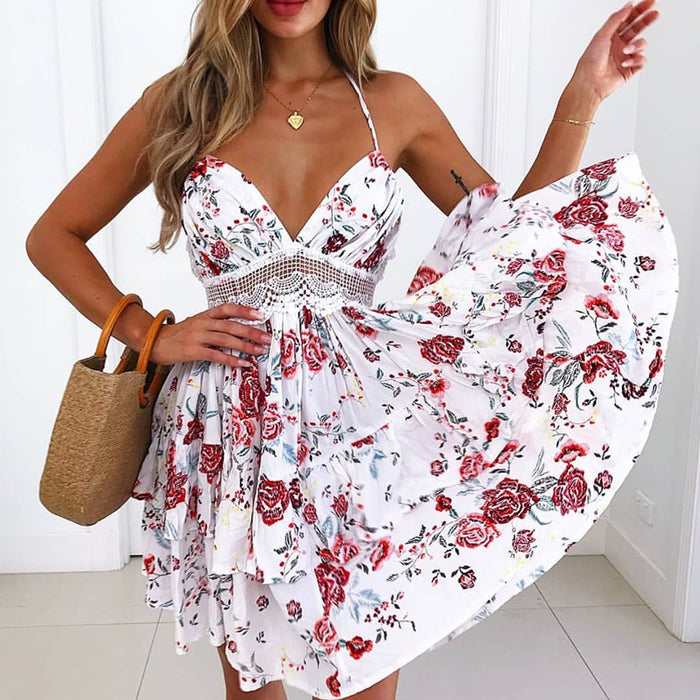 Women Sexy Backless Waist Lace Dress selling Floral print Dress-Fancey Boutique