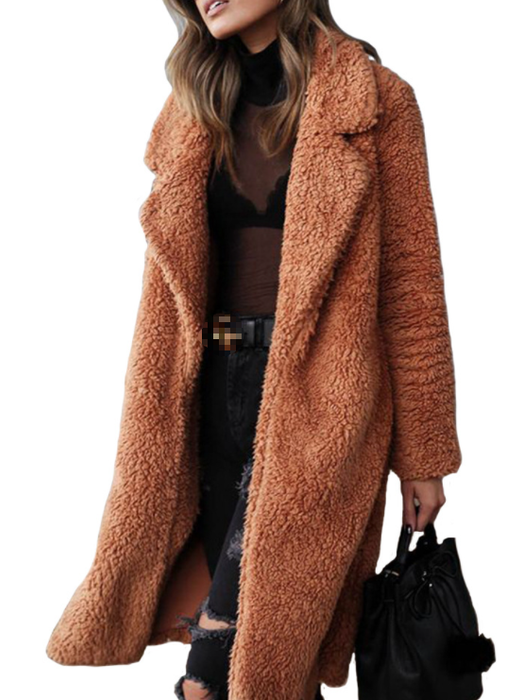 Color-Brown-Autumn Winter Long Sleeve Collared Women Plush Top Large Coat Plus size-Fancey Boutique