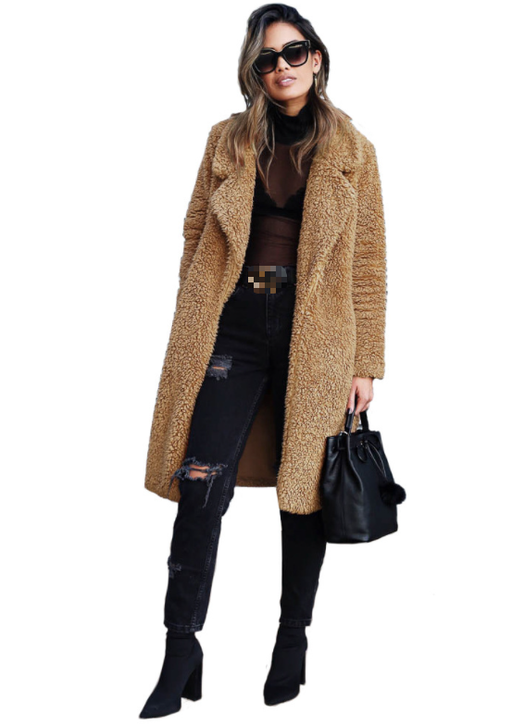 Color-Brown-2-Autumn Winter Long Sleeve Collared Women Plush Top Large Coat Plus size-Fancey Boutique