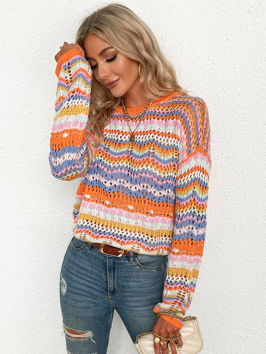 Color-Orange-Autumn Winter New Stitching Knitwear Loose Color Rainbow round Neck Striped Sweater for Women-Fancey Boutique