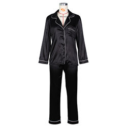 Color-Black-Pajamas Women Spring Summer Imitation Silk Long Sleeve Ice Silk Cardigan Suit plus Size Thin Homewear-Fancey Boutique