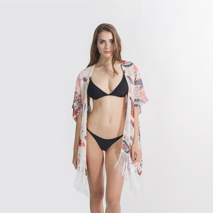 Spring Summer Dual Color Patchwork Paisley Beach Bikini Sun Protection Outwear Blouse-Fancey Boutique