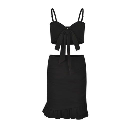 Color-Black-Bandeau Camisole High Waist Ruffles Package Hip Vacation Skirt Set-Fancey Boutique