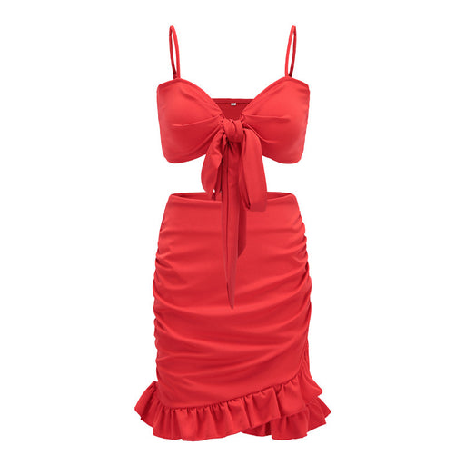 Color-Red-Bandeau Camisole High Waist Ruffles Package Hip Vacation Skirt Set-Fancey Boutique