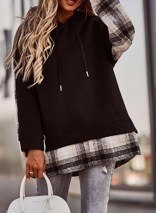 Color-Black-Winter Hipsters Women Clothing Niche Design Plaid Stitching Pullover Long Sleeve round Neck Hooded for Women-Fancey Boutique