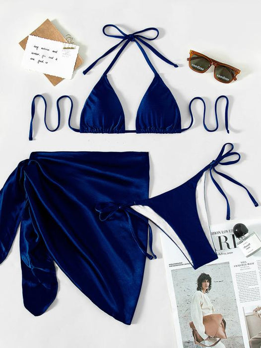 Color-royal blue-Halter Bikinis Solid Triangle Swimsuit Women High Cut Skirt Swimwear Conjunto Biquinis Feminino Trajes-Fancey Boutique