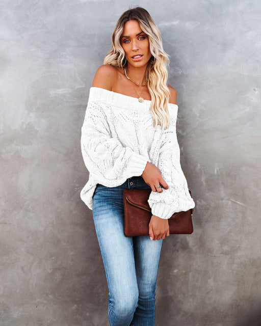 Color-White-Autumn Winter off-Shoulder Plus Size Loose Sweater off-Shoulder Solid Color Pullover Sweater Women-Fancey Boutique