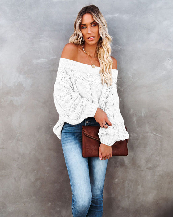 Color-White-Autumn Winter off-Shoulder Plus Size Loose Sweater off-Shoulder Solid Color Pullover Sweater Women-Fancey Boutique