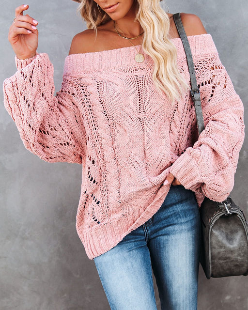 Color-Pink-Autumn Winter off-Shoulder Plus Size Loose Sweater off-Shoulder Solid Color Pullover Sweater Women-Fancey Boutique