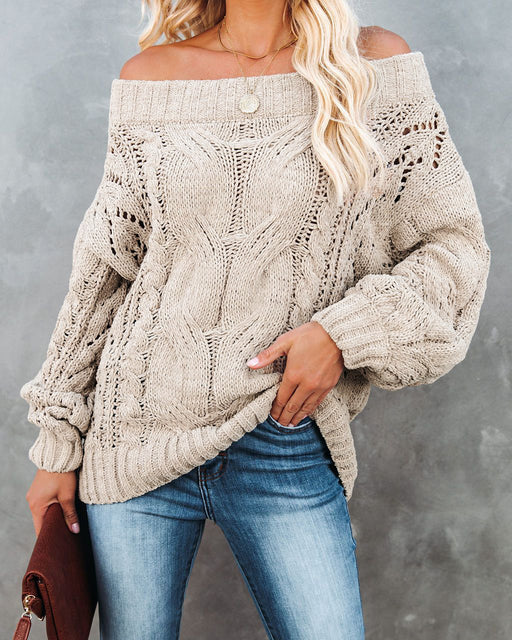 Color-Khaki-Autumn Winter off-Shoulder Plus Size Loose Sweater off-Shoulder Solid Color Pullover Sweater Women-Fancey Boutique