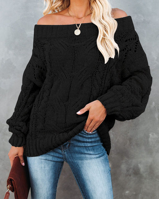 Color-Black-Autumn Winter off-Shoulder Plus Size Loose Sweater off-Shoulder Solid Color Pullover Sweater Women-Fancey Boutique
