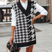 Color-Black and white-Autumn Winter New Houndstooth V-neck Loose Sweater Ladies Vest Vest-Fancey Boutique